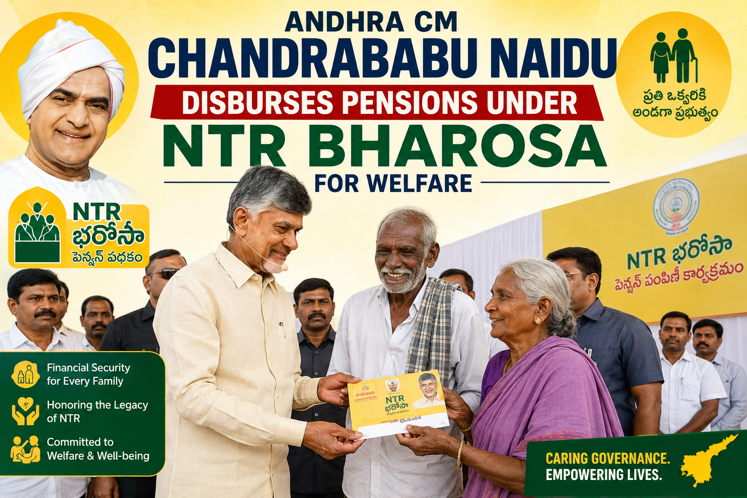 Andhra CM Chandrababu Naidu Disburses Pensions Under NTR Bharosa for Welfare
